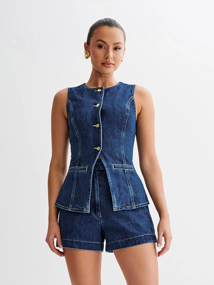 JazzHer Casual Denim 2 Pieces Sets Women Slim O-neck Sleeveless Single Breasted Vest Wide Leg Shorts 2024 Summer Casual Lady Office Sets