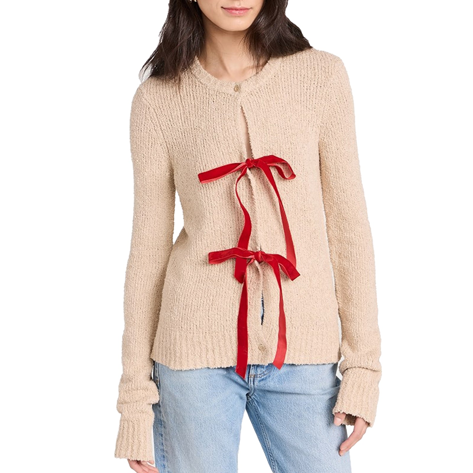 thanksgiving outfit JazzHer Women's Knit Cardigan Contrast Color Bow Lacing Button-front Closure Ribbed Long Sleeve Slim Fit Sweaters