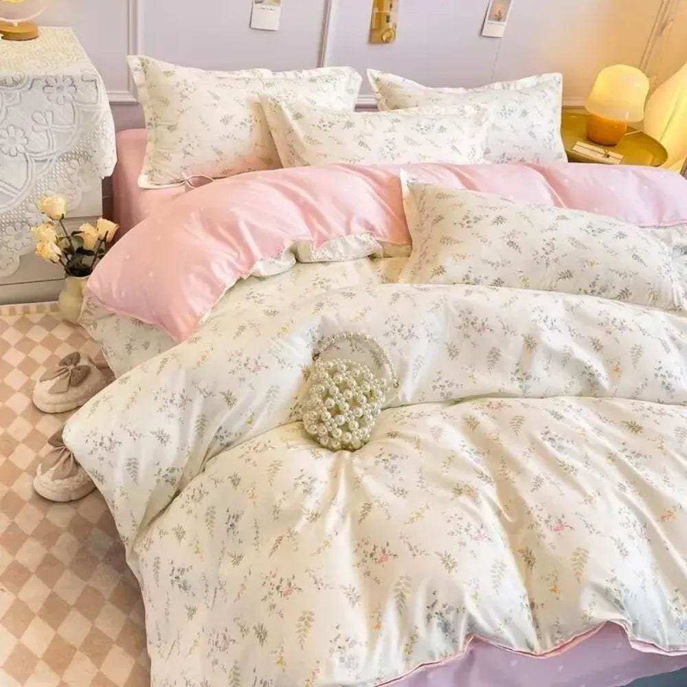 JazzHer Romantic Tulip Pink Bedding Set Bed Flat Sheet Pillowcase Twin Full Queen Princess Style Bed Linen Kids Girls Floral Duvet Cover