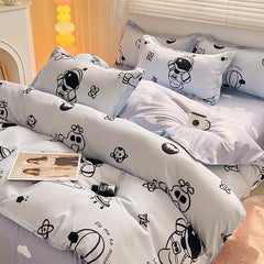 JazzHer Ins Cartoon Astronaut Bedding Set Soft Flat Sheet Duvet Cover Pillowcase Polyester Bed Linen Twin Queen Full Size Quilt Cover