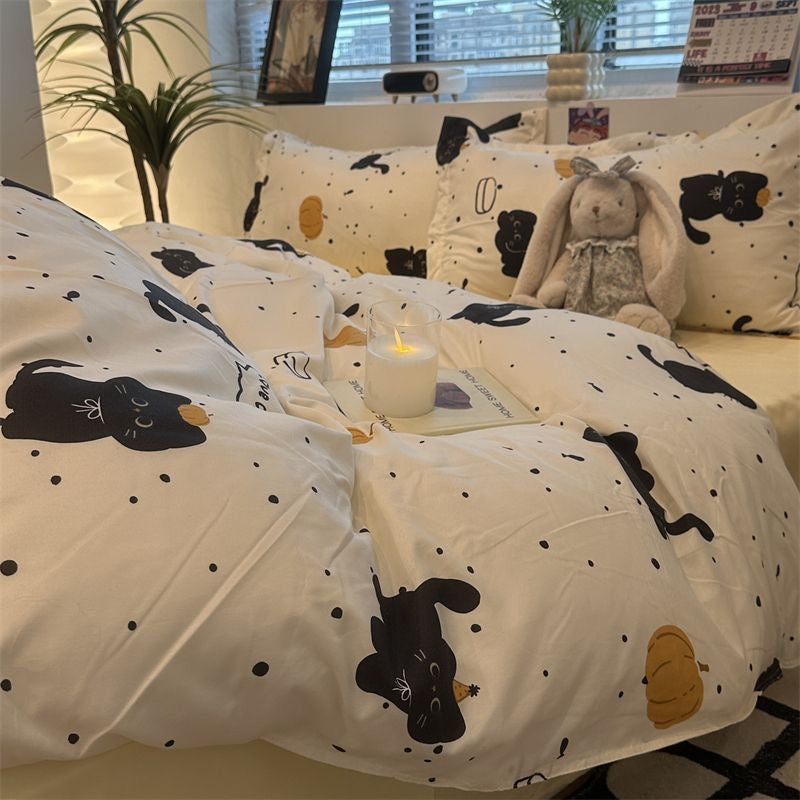 JazzHer Black Cat Pumpkin Bedding Set INS Cartoon Duvet Cover Set Queen King Quilt Cover Soft Bedclothes Flat Bed Sheets Set For Girls