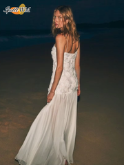 JazzHer 2025 Summer Fashion White Slim Sleeveless Robe Lady Printed Flower Pleated Hem Sling Dress Woman Chic Vacation Beach Sea Dresses