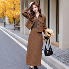 cold weather outfits JazzHer Fashionable Casual Suit Autumn/Winter New PU Leather Patchwork Tweed Style Down Jacket Half Skirt 2-Piece Set Skirt YJ6816