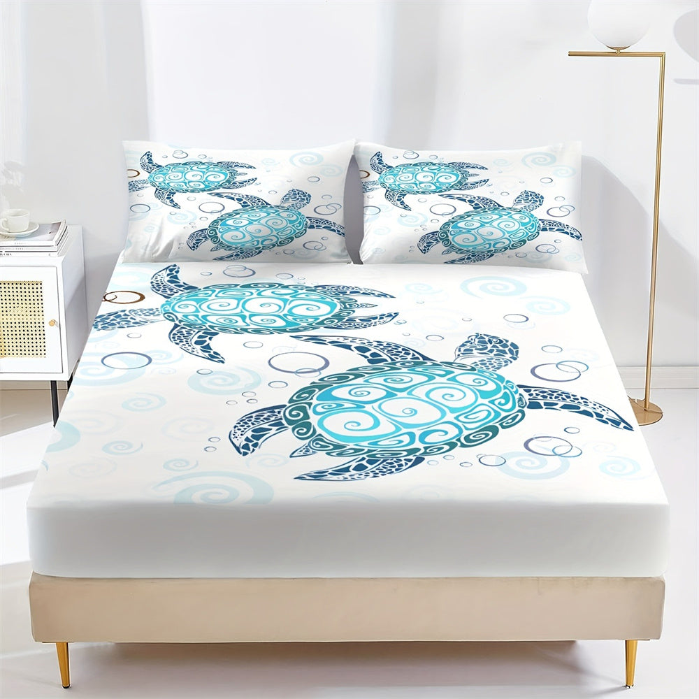 JazzHer Fashion Style Sea Turtle Print Fitted Sheet Set Mattress Covers Comfortable Breathable Bedding Set With Deep Pocket for Bedroom