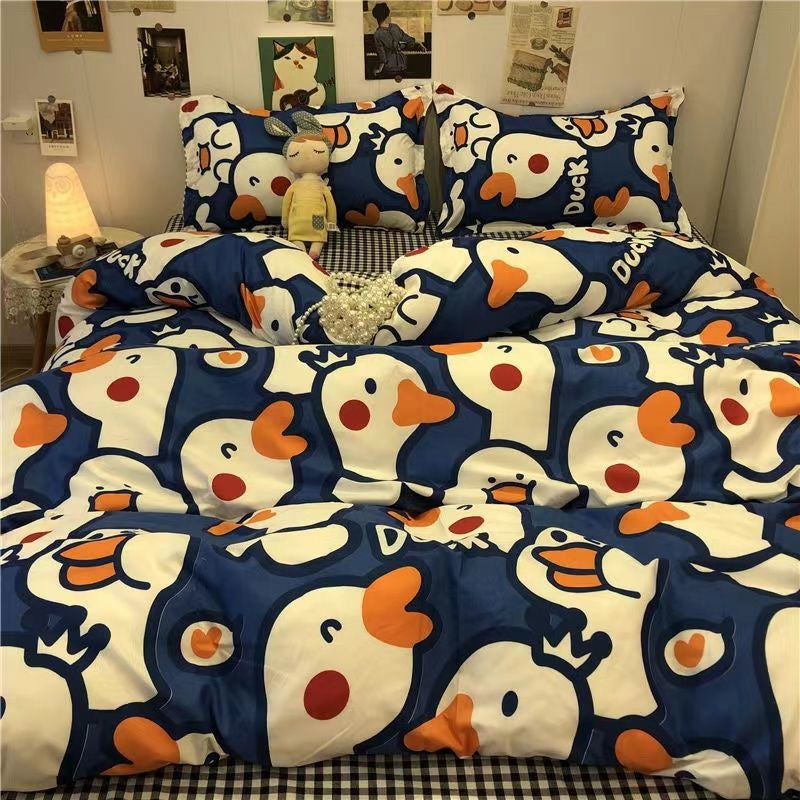 JazzHer Cute Bear Bedding Set Cartoon Floral And Animal Duvet Cover Blue Flat Sheet Soft Polyester Kawaii Queen Full Size Bed Linen