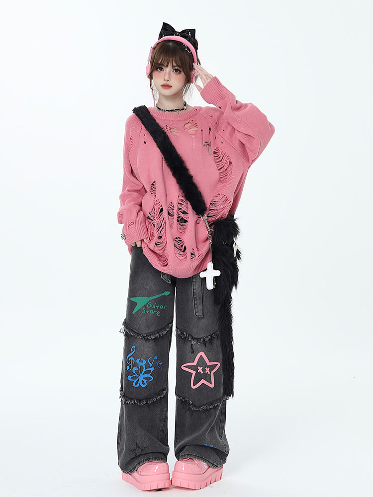 christmas outfit JazzHer Women Black Goth Y2k Cargo Jeans Graffiti Print Denim Trousers Vintage Japanese 2000s Style Baggy Jean Pants Emo Trashy Clothes