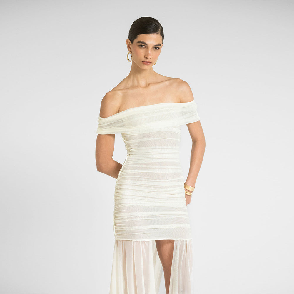 JazzHer Elegant Solid Color Women Dress Fashion Irregular Hem Off Shoulder Backless Midi Dresses Woman Summer Slim Fit Vocation Robe New
