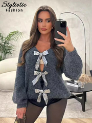 thanksgiving outfit JazzHer Knitted Bow Lace Up Sweaters Women Hollow Out Deep V-neck Long Sleeve Cardigans Female 2024 Autumn Solid Y2k Streetwear Lady