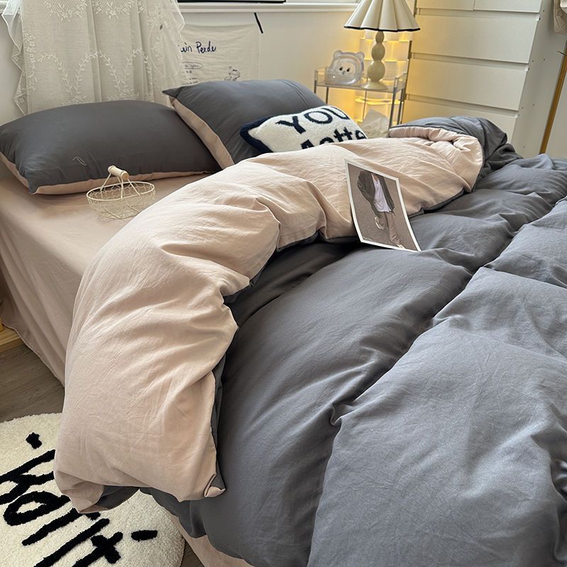 JazzHer Simple Korean Style Bedding Set Double Color Duvet Cover Polyester Queen Full Twin Size Bed Flat Sheet Quilt Cover Pillowcases