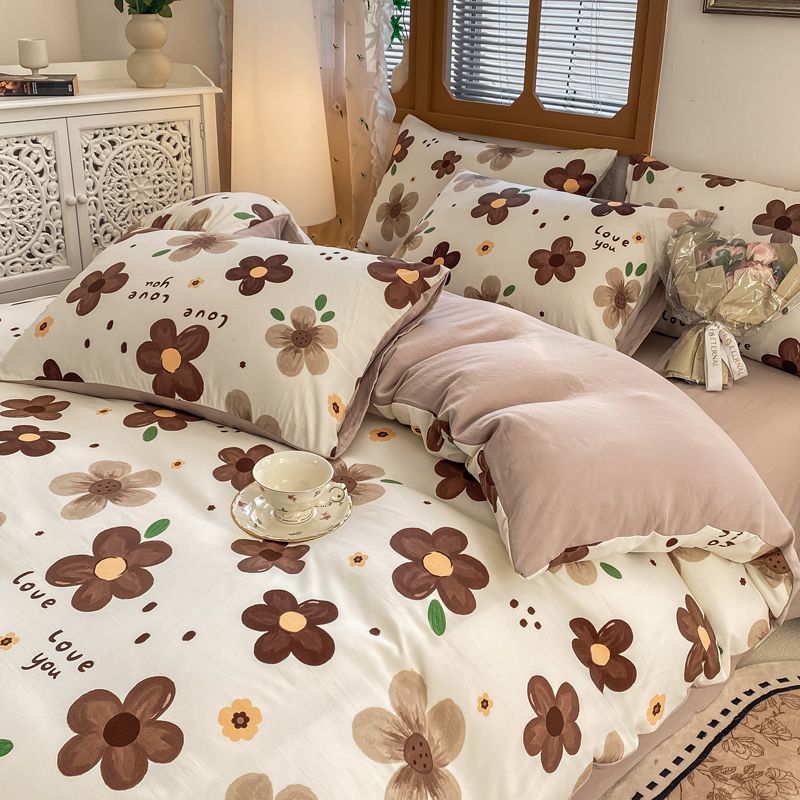 JazzHer European style floral washed cotton four piece bedding set, student dormitory bedding set, bed sheets, pillowcases, three piece