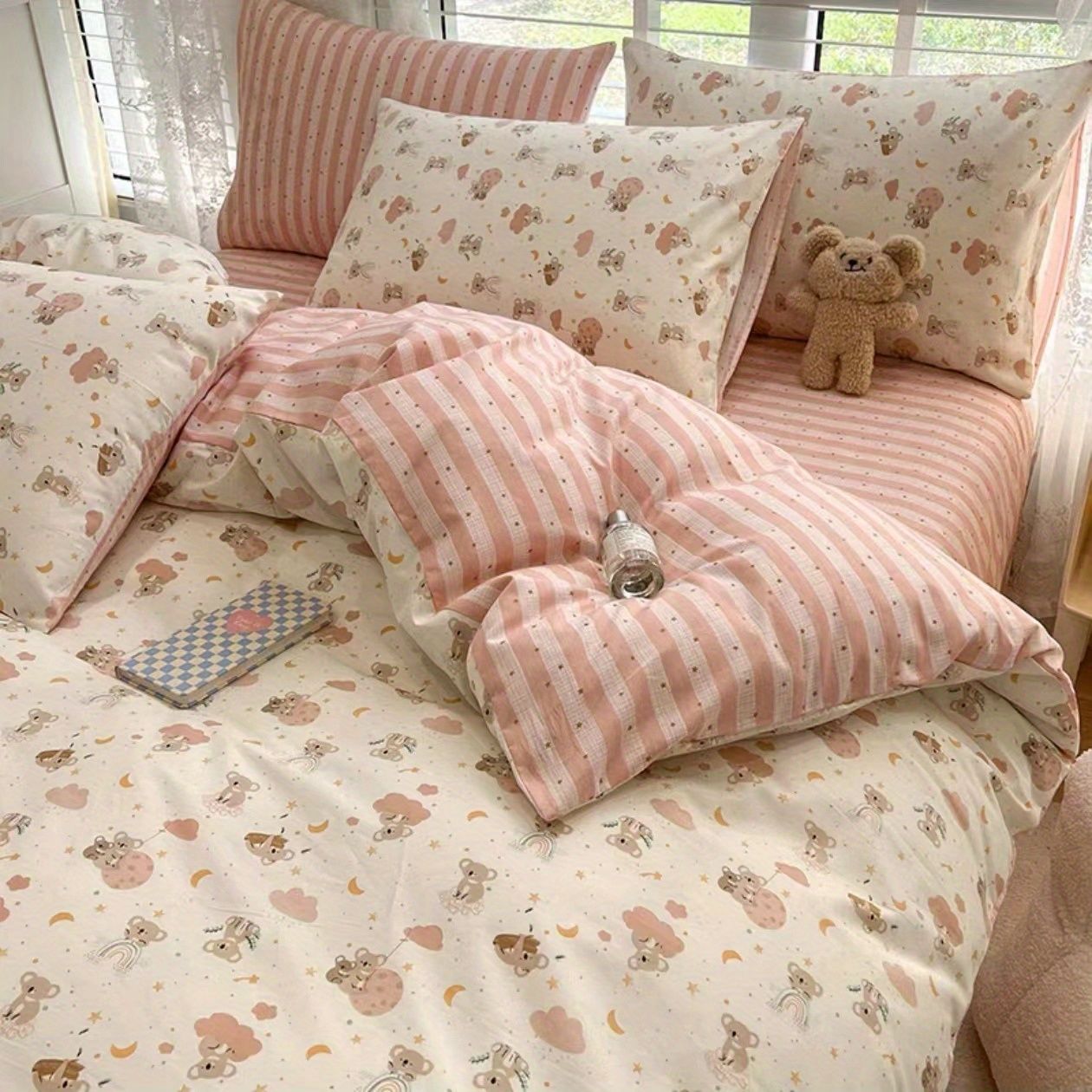 JazzHer Kawaii Bedding Set Kids Adult Flat Sheet Duvet Cover Pillowcase Single Double Full Size Bed Linen Floral Cherry Home Textile