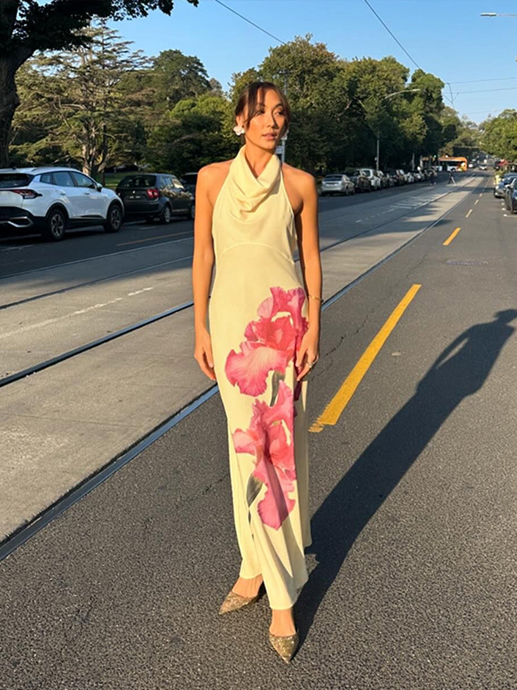 JazzHer Retro Print Hang Neck Long Dress Women Elegant Sleeveless Backless Female Dresses Summer 2024 Sexy Slim Lady Evening Party Robe