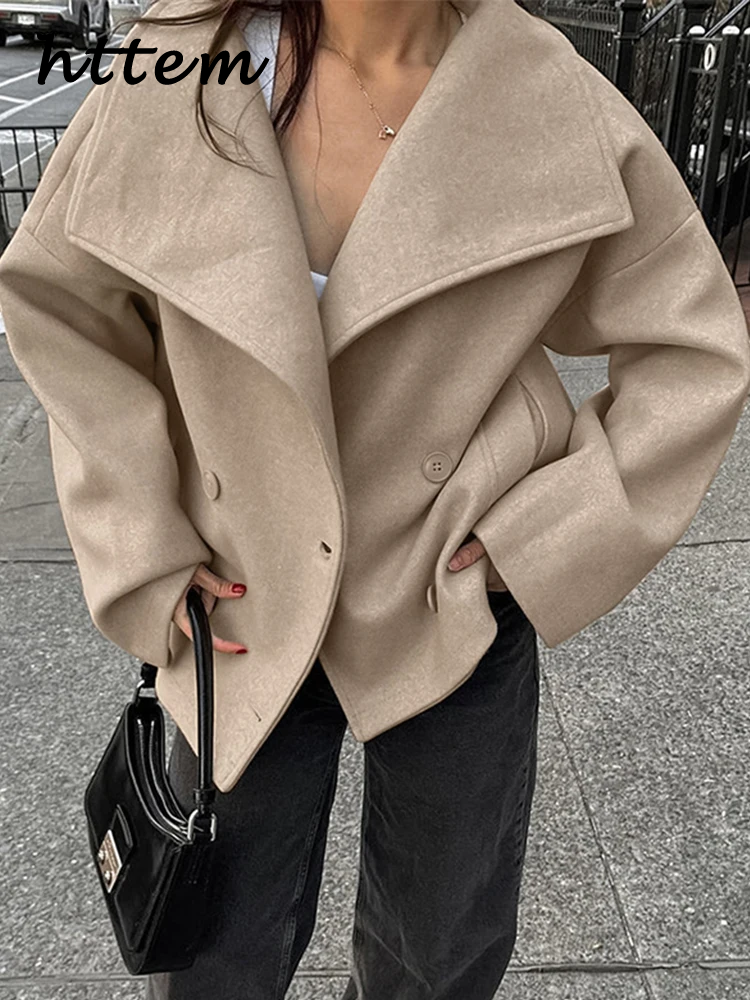 JazzHer Fashion Solid Woolen Coat Women Lapel Double Breasted Long Sleeve Pockets Jackets 2024 Autumn Lady Loose Elegant Commute Outwear