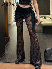 JazzHer Gothic Dark Lace Pants Women Vintage Y2k Streetwear Emo Sexy See Through Velevt Patchwork High Waist Flare Pants Female