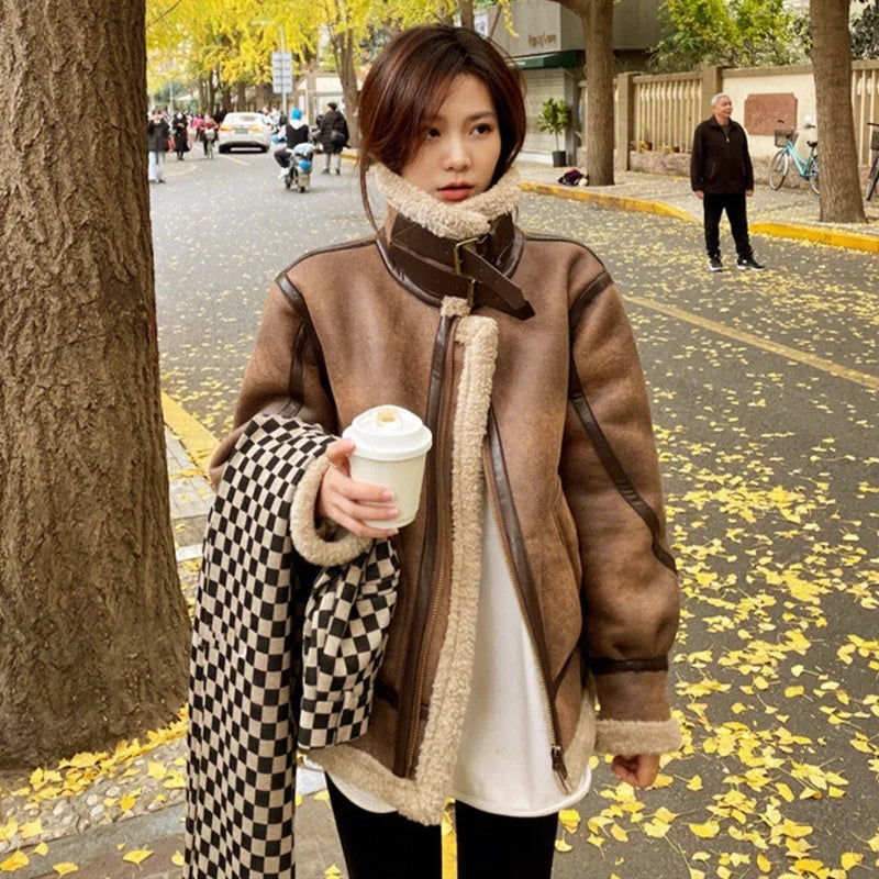 cold weather outfits JazzHer 2024 Winter New Style Korean Loose Fit Thickened Lambswool Leather Jacket Brown Motorcycle Cropped Hair Integrated Leather Jacke