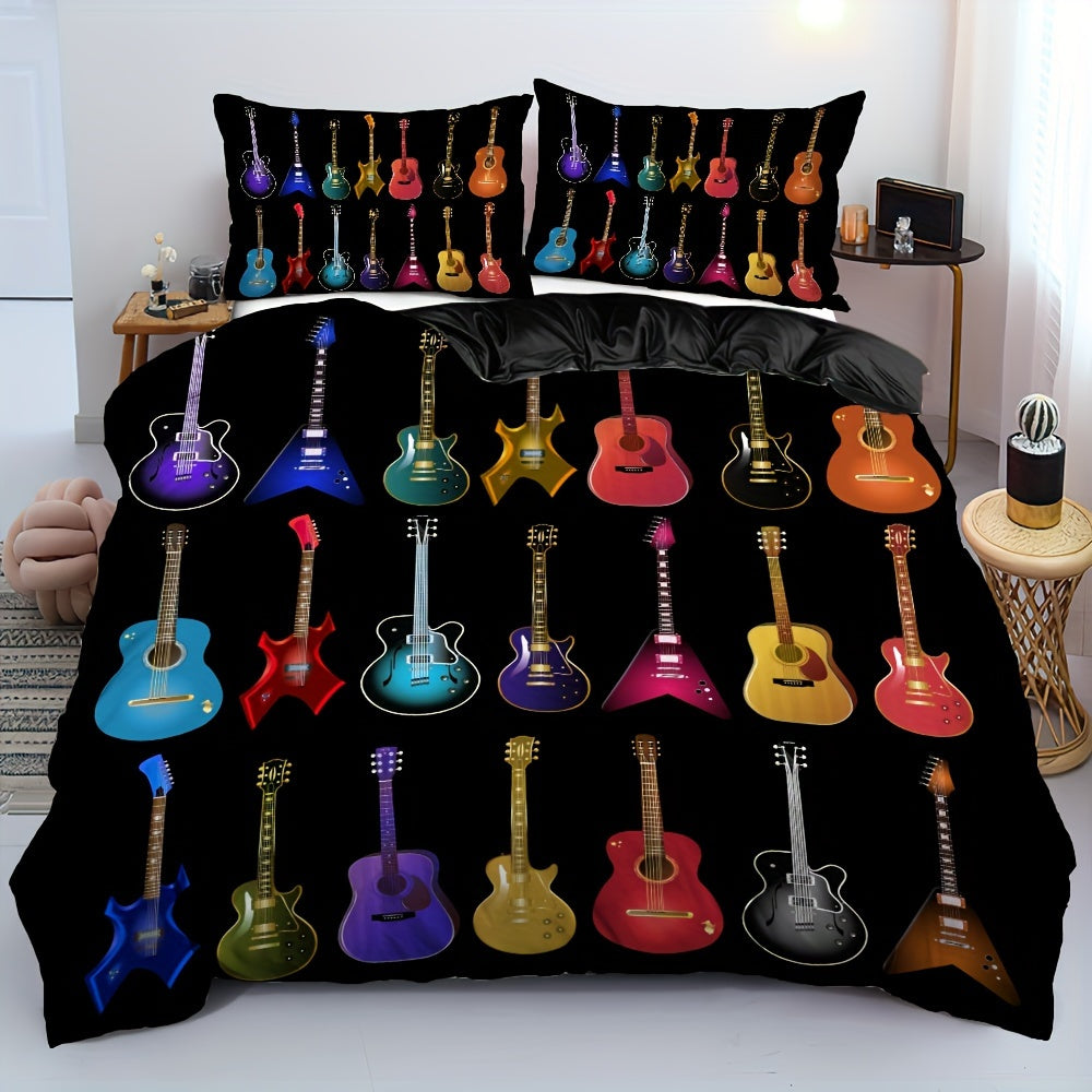 JazzHer 2/3pcs Vibrant Guitar Music Instruments Duvet Cover Set - Soft & Stylish Bedding for Music Lovers 1 Duvet Cover + 1/2 Pillowcase