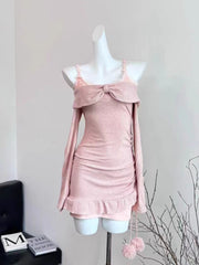 JazzHer Autumn Korean Sweet Dress Suits Women Y2k Slash Nece Sweater Tops + Sexy Slim Lace Mini Dress Female Elegant 2 Piece Sets New