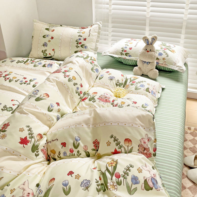 JazzHer Cute Rabbit Bedding Set No Filling Pink Blue Boys Girls Favorite Single Double Duvet Cover Flat Sheet Pillowcase Kit New 2024