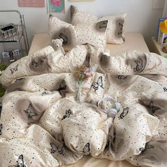 JazzHer Floral Korean Style Duvet Cover Set No Filler Pillowcase Flat Sheet Twin Queen Size Boys Grils Romantic Bedding Kit