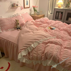 JazzHer Pink Ruffled Seersucker Duvet Cover Set 3/4pcs Soft Lightweight Down Alternative Grey Bedding  with Bed Skirt and Pillowcases