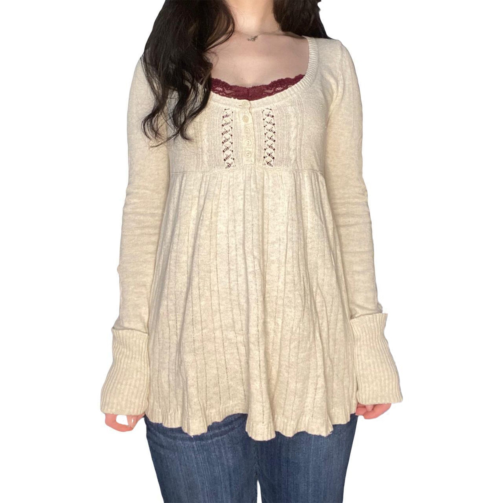 thanksgiving outfit JazzHer Women Autumn Knitted Tops Solid Color Long Sleeve Button Square Neck Tunic Blouse Sweaters