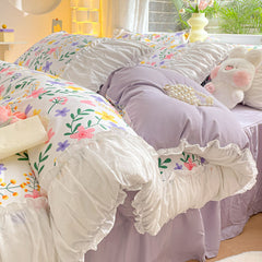 JazzHer Princess Bedding Set with Ruffles No Filler Korean Style Girls Single Double Queen Size Duvet Cover Sheet Pillowcase Bedspread