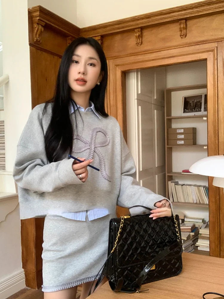 JazzHer Autumn  New Korean Preppy Style Sweet 3 Piece Set Women Y2k Bow Embroider Sweater + Striped Polo Shirt  + High Waist Mini Skirt