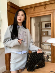 JazzHer Autumn  New Korean Preppy Style Sweet 3 Piece Set Women Y2k Bow Embroider Sweater + Striped Polo Shirt  + High Waist Mini Skirt