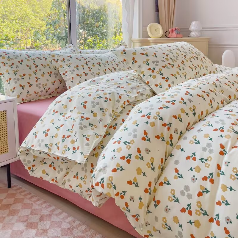 JazzHer Korean Pink Rose Duvet Cover Set Soft Green Flat Sheet Quilt Cover Pillowcase Bed Linen Twin Queen Full Size Floral Bedding Set