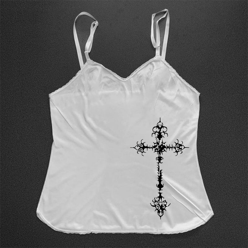 JazzHer Y2K Gothic Grunge Punk Aesthetic Print Lace Camisole Top Fashion Sexy Sleeveless Slim Chic Crop Top 90s Vintage Rock Women's Tee