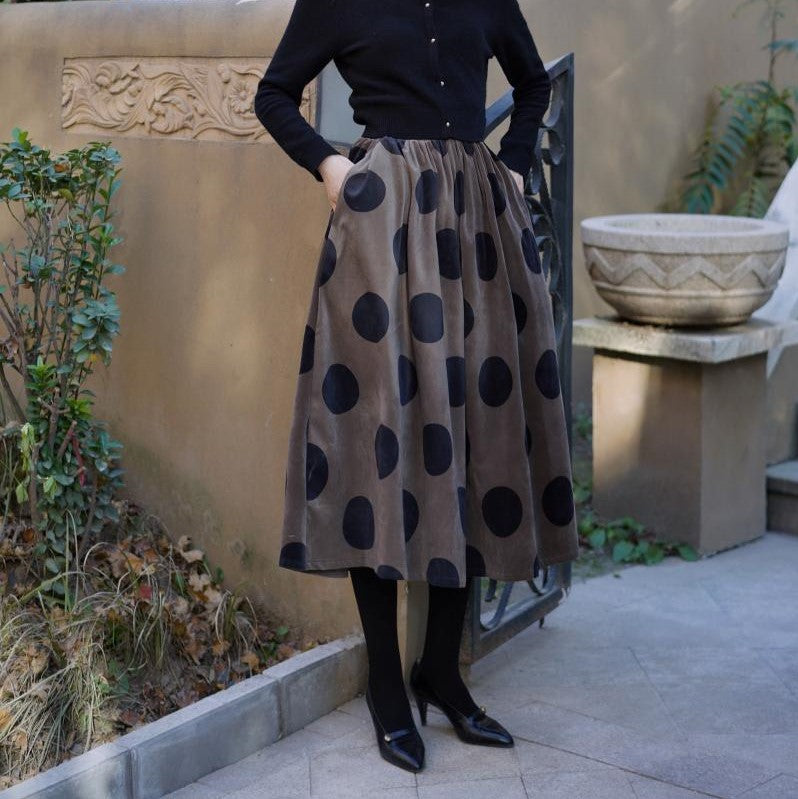 Jazzher Birch Brown Polka Dot Velvet Umbrella Skirt