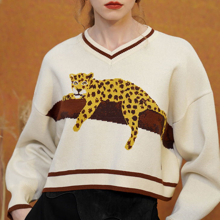 JazzHer 2024 Fall Fashion A Leopard Knit Sweatshirt That Stays On The Tree