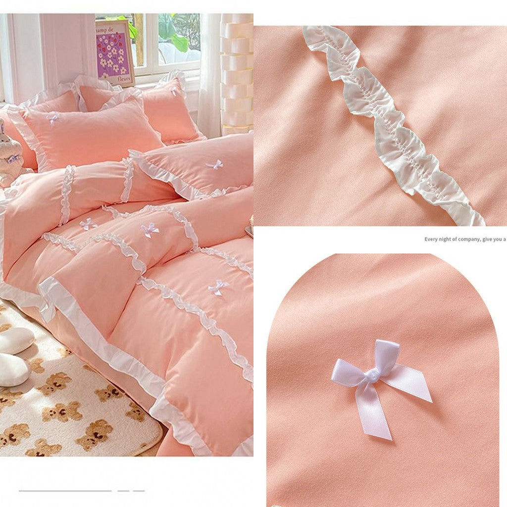 JazzHer Kawaii Korean Bedding Sets No Filling Ins Princess Style Lace Bow Duvet Cover Fitted Sheet Girl Woman Home Bedroom Bed Linens