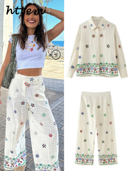 JazzHer Embroidery Floral Printed Shirt Pants Sets Women Lapel Single Breasted Blouses Wide Leg Pant 2024 Summer Lady Casual 2 Piece Set