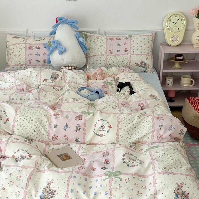 JazzHer Pink Floral Bedding Set Soft Ins Single Double Queen Size Duvet Cover Flat Sheet Pillowcase Girls Home Totel Bed Linens