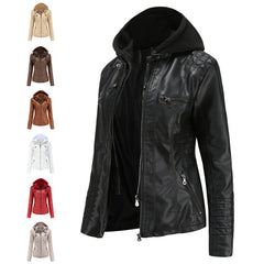 cold weather outfits JazzHer Women's Genuine Leather Hooded Jacket 2-Piece Set Removable Plus Size PU Washing Leather Spring Autumn Jacket