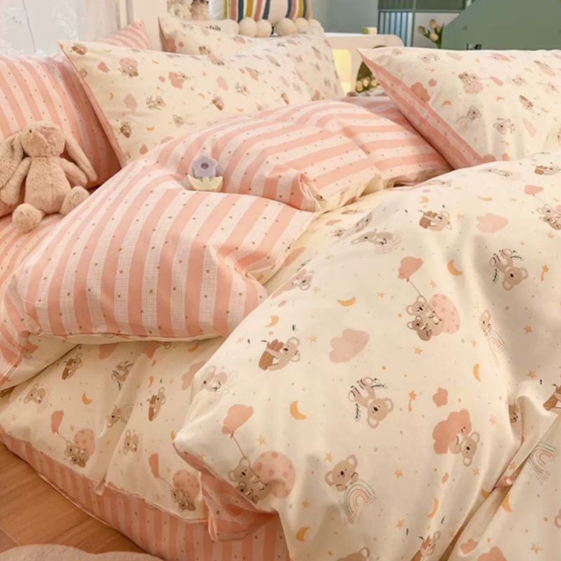 JazzHer Kawaii Bear Bedding Set No Filler Ins Single Queen Size Duvet Cover Flat Sheet Pillowcase Kids Adult Boys Home Hotel Bed Linens