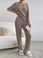 thanksgiving outfit JazzHer Casual Knitted Ribbed Pants Sets Women Solid Loose V Neck Long Sleeve Pullover Long Trousers 2024 Autumn New in Matching Outfits