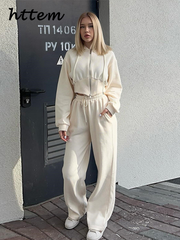 JazzHer Casual Hoodies Pants Sets Women Hooded Long Sleeve Zippers Short Coat Wide Leg Drawstring Pant 2024 Autumn Lady Solid Tracksuit