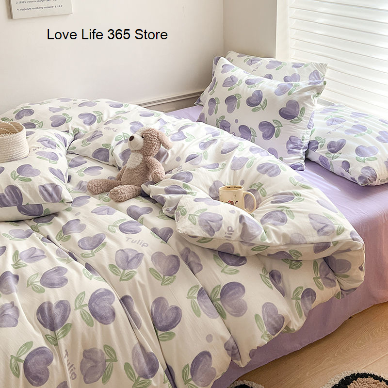 JazzHer INS Cute Little Dog Teddy Double Layer Bedding Set Lovely Cartoon Animal Brown Sheet With Pillowcases Quilt Dormitory For Kids