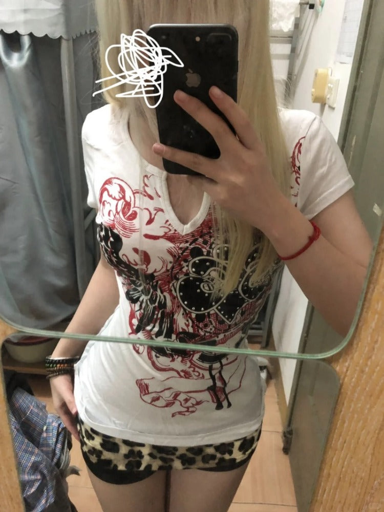 JazzHer Y2K Punk Graphic T Shirts Women Japanese Harajuku Vintage 2000S Aesthetic Grunge Tees Gothic Short Sleeve Streetwear Tops