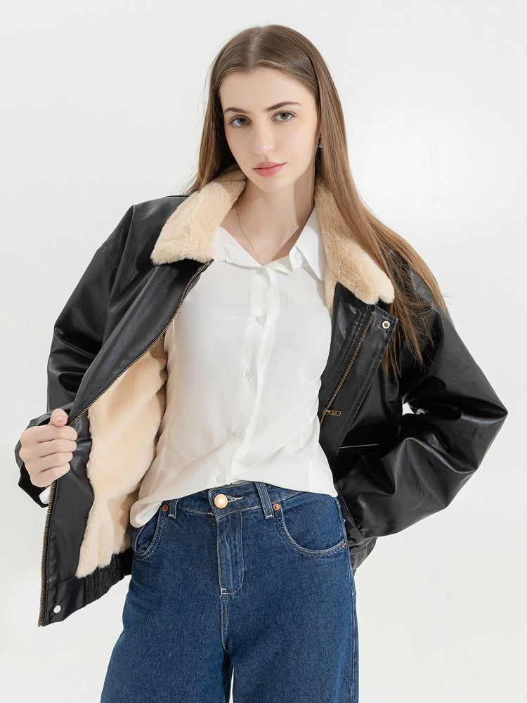 christmas outfit JazzHer Winter Women's Fur Leather Jacket Long Sleeved Loose Warm Lamb Wool Vintage Thickened Locomotive Lapel Female PU Motorcycle Coat