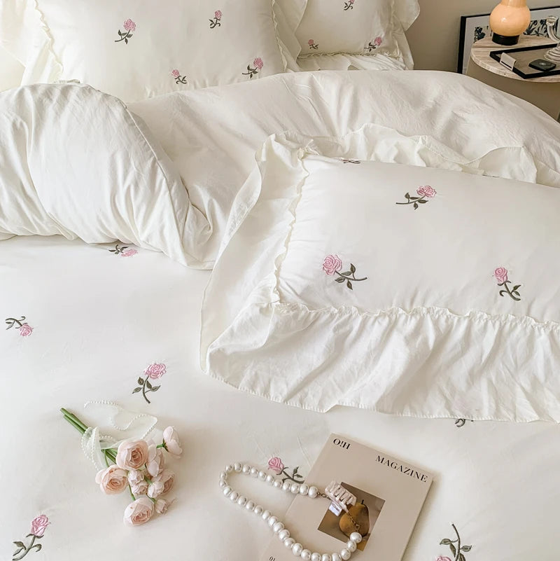 JazzHer 3pcs Rose Embroidered Duvet Cover Set (1*Duvet Cover + 2*Pillowcase, Without Core), Princess Style Lace Bedding Set