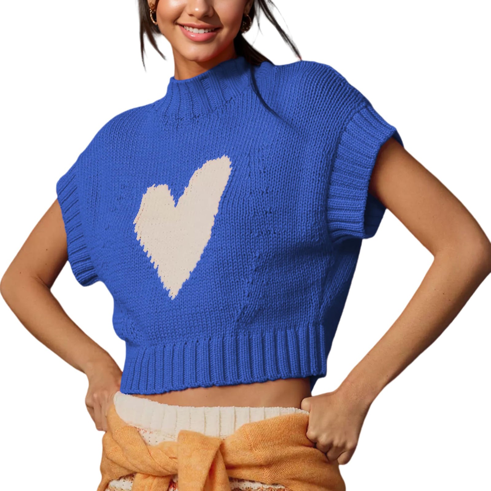 thanksgiving outfit JazzHer Womens Short Sleeve Sweater Heart Mock Neck Crop Knitted Tops Casual Streetwear for Daily Office Party