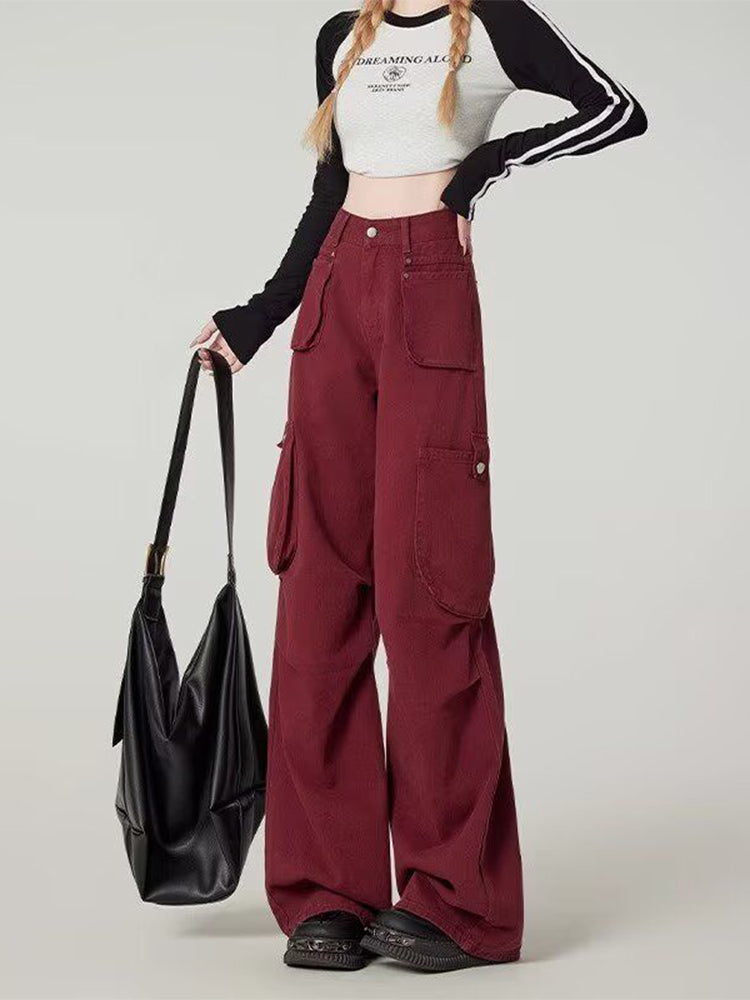 christmas outfit JazzHer Women Wine Red Y2k Cargo Jeans Harajuku Baggy Denim Trouser Vintage Japanese 2000s Style Oversize Jean Pants Trashy Clothes 2025