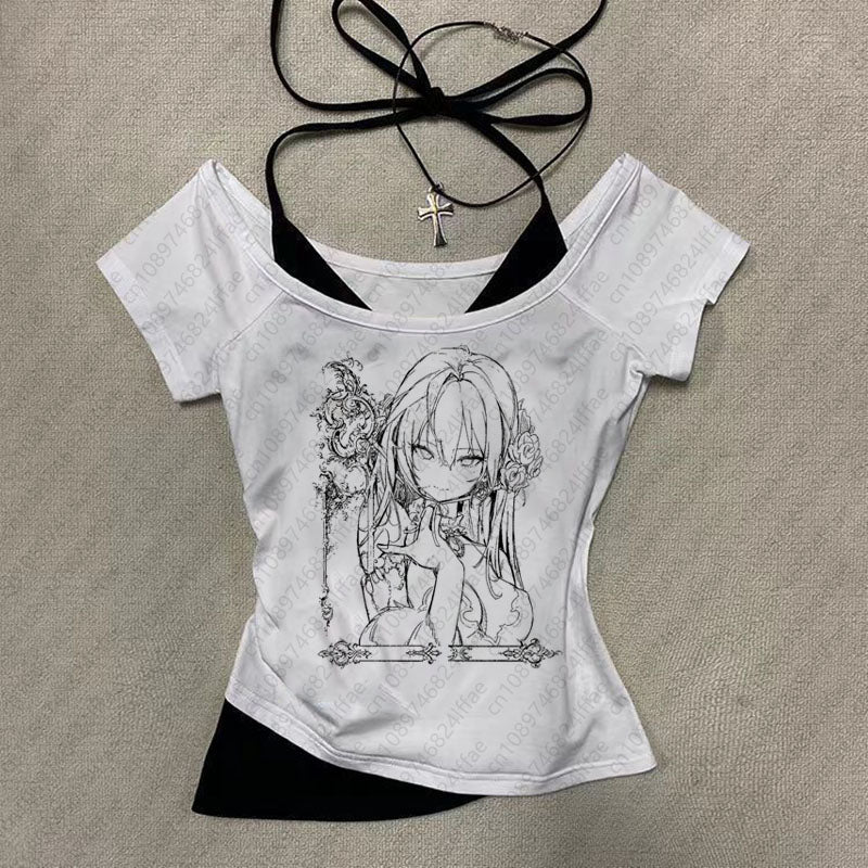JazzHer 2025 Harajuku Off Shoulder T-Shirt Women Short Sleeve Street Hip Hop Goth Casual Harajuku Grunge Y2k Tops Vintage Printed Tees