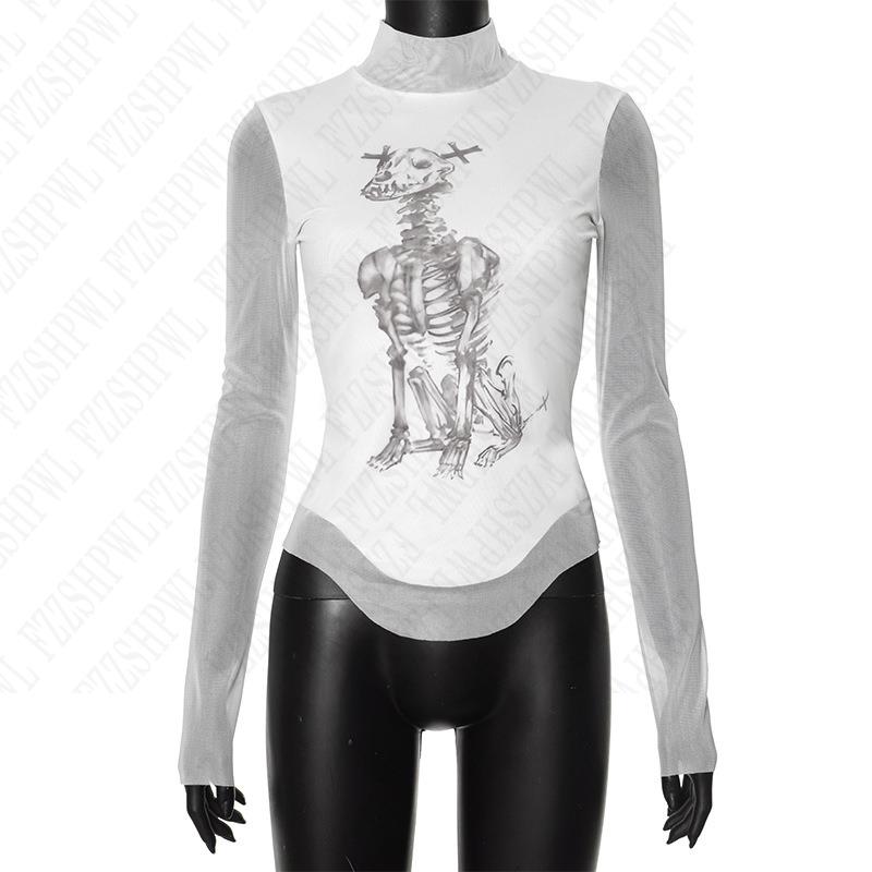 JazzHer Y2K American fashion new skull print mesh stitching long sleeve top slim white Hot Girl long sleeve T-shirt sexy Slim Streetwear