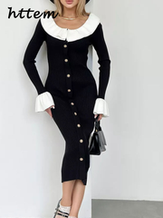 JazzHer Sexy Knit Flare Sleeve Panelled Dress Women Slim Doll Collar Single Breasted Hip Package Dresess 2024 Autumn Lady Elegant Robes