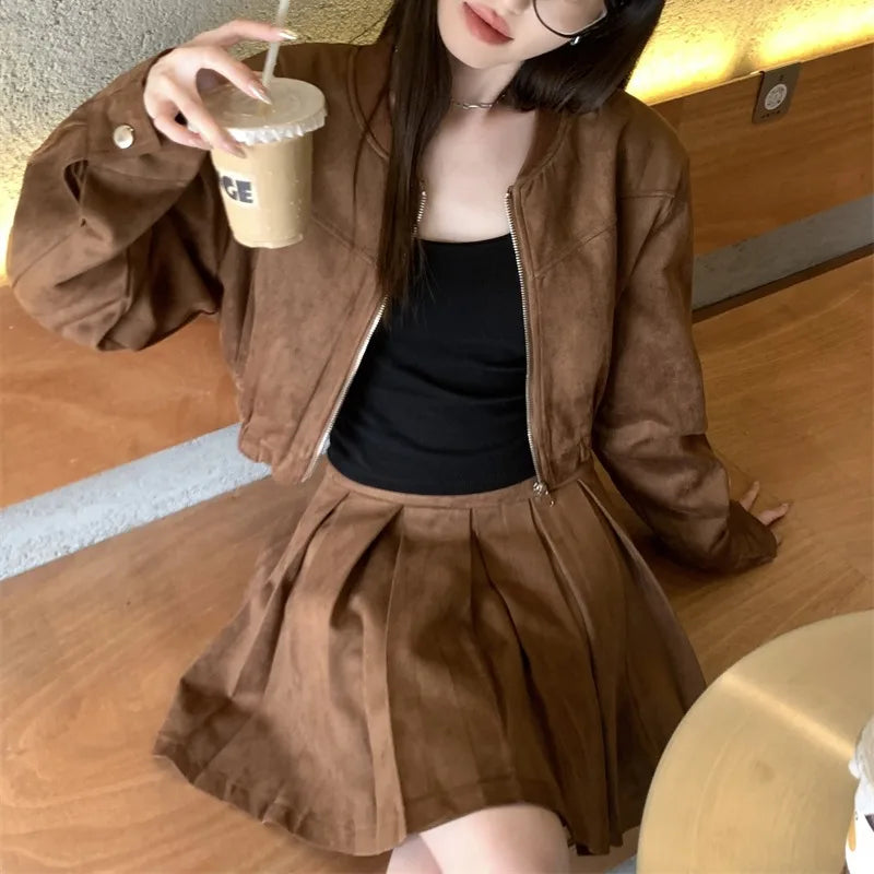 cold weather outfits JazzHer 2024 Autumn New Sensibility Maillard Brown Vintage Leather Jacket With Pleated Skirt Set Women Fashion Dress Set