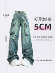 christmas outfit JazzHer Women Blue Graffiti Cargo Jeans Baggy Vintage Korean Cowboy Pants Harajuku Denim Trouser 90s Aesthetic Y2k 2000s Trashy Clothes